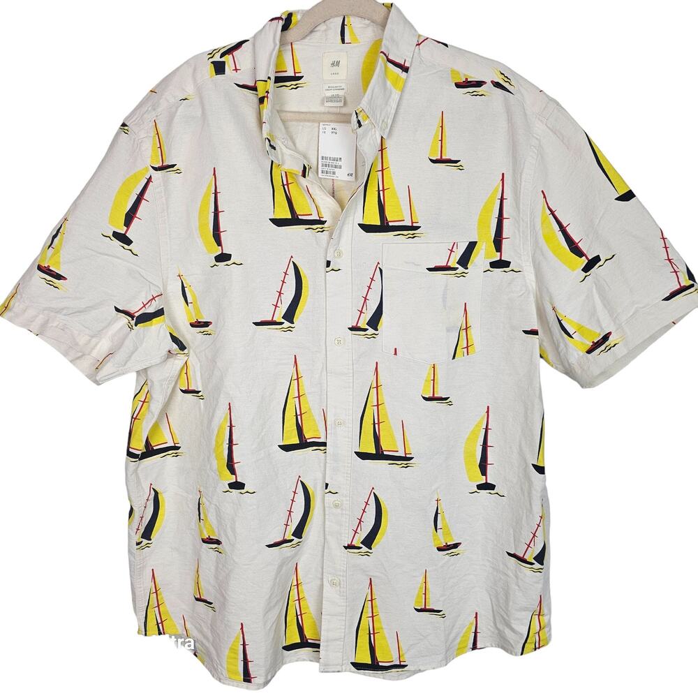 H&M Shirt Mens Sailboat All Over Print Button Down Shirt Sz XXL Resortwear Beach